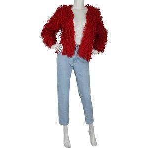 Los Angeles Atelier Red Fringed Shag Shaggy Mop Cardigan Sweater Jacket